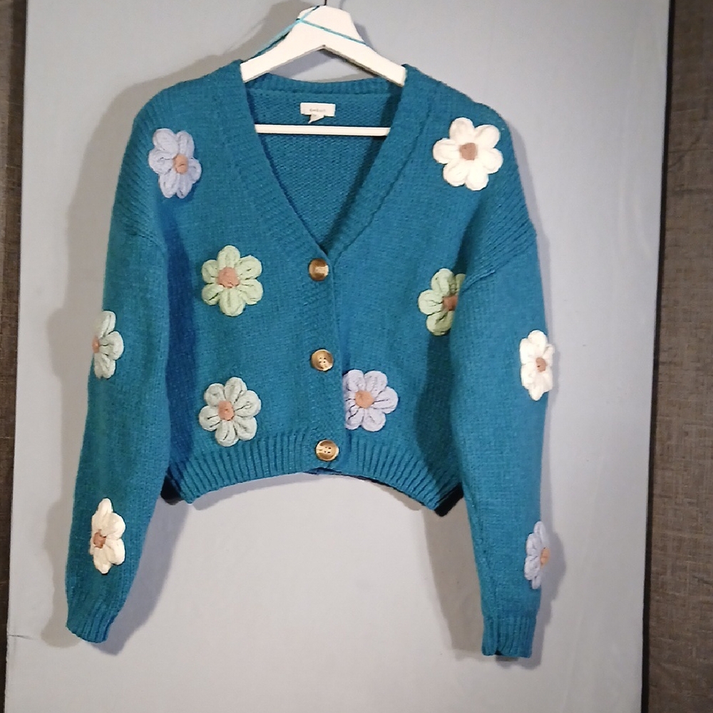 Debut Teal Cardigan with Floral Accents